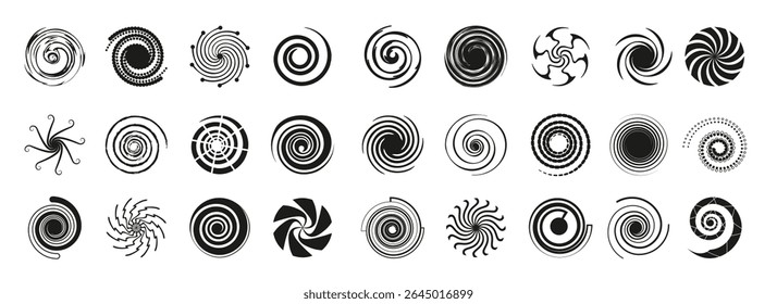 Coleção de redemoinhos circulares abstratos pretos. Espirais hipnóticas. vetor