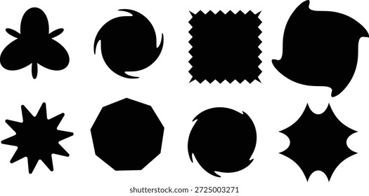 Collection of black abstract comic book burst shapes and jagged graphic explosion elements isolated on white background.