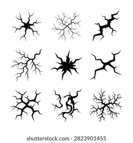 Collection of black abstract crack patterns and fracture lines on white background. Depicts broken surface, shattered glass, dry soil fissure, or broken concrete texture.