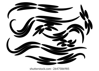 A collection of black, abstract, flowing shapes and curves are arranged against 