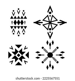 Collection of black abstract geometric patterns on a white background.
