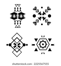 Collection of black abstract geometric patterns on a white background.
