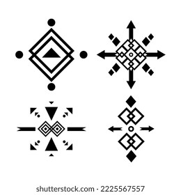 Collection of black abstract geometric patterns on a white background.
