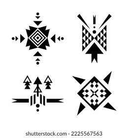 Colección de patrones geométricos abstractos negros sobre un fondo blanco.
