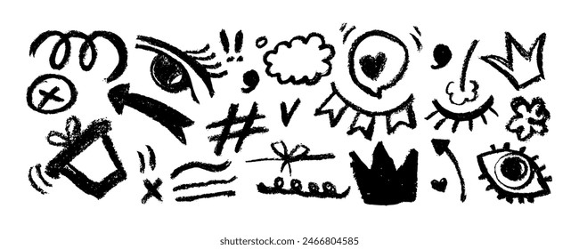 Collection black  abstract geometric shapes, lines. Hand drawn pencil doodles, squiggles and scribbles in Memphis simple style.  Hand drawn  brush strokes, bold curved lines, crowns, star