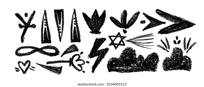 Collection black abstract geometric shapes, lines. Hand drawn pencil doodles, squiggles and scribbles in Memphis simple style. Hand drawn brush strokes, bold curved lines, star, flower.