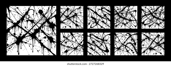 Colección de salpicaduras de pintura abstracta negra y patrones de goteo sobre fondo blanco. Texturas expresivas de pintura de acción monocromática.