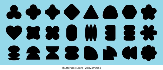 A collection of black abstract shapes on a light blue background. Various geometric forms like circles, triangles, and squares are displayed in silhouette. Element vector collection.