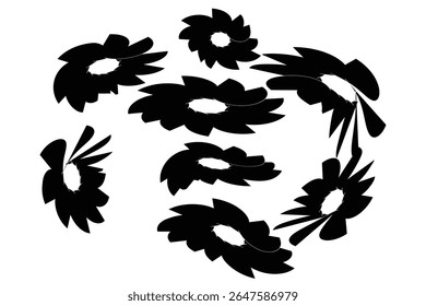 A collection of black abstract shapes resembling stylized flowers or pinwheels.
