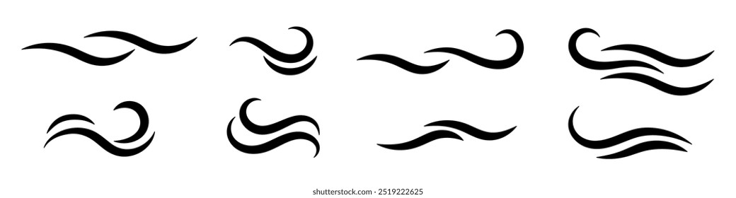 A collection of black abstract wave icons, showcasing flowing curves and fluid motion, perfect for aquatic and natural design elements.