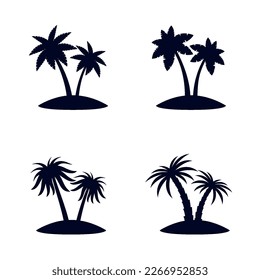 Collection of Black African Rainforest Coconut Trees or Tropical Palm Trees on White Backgrounds. Simple Black Silhouette for Graphic, and Web design, or Travel Logo Design