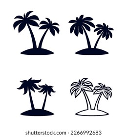 Collection of Black African Rainforest Coconut Trees or Tropical Palm Trees on White Backdrops. Simple Black Silhouette for Graphic, and Web design, or Travel Logo Design