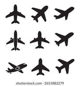 Collection of black airplane silhouettes in various perspectives for aviation or travel design.