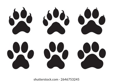 Collection of black animal paw print icons set isolated on white background, different styles of pet footprint silhouettes for veterinary, design, logo, petcare, tracking, wildlife, cat, dog