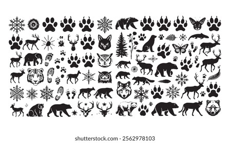 A collection of black animal silhouettes, paw prints, snowflakes, and nature-themed icons. Perfect for wildlife, nature, and outdoor designs