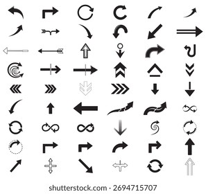 Collection of black arrow designs, isolated on white background, showcasing various directions and styles for graphic design, wayfinding, and user interface elements