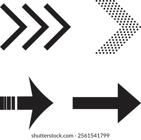 A collection of black arrow designs in various styles, including chevron patterns, dotted designs, and bold solid shapes. These versatile vector graphics are ideal for navigation icons, infographics, 