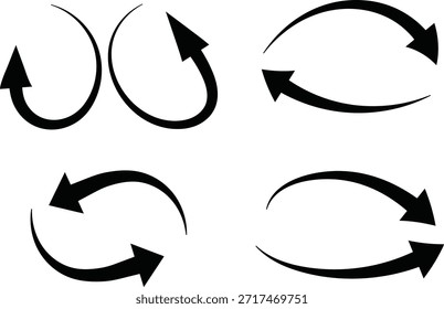 Una colección de iconos de flecha negra que muestran la rotación y el movimiento cíclico. Este conjunto presenta flechas con líneas curvas, que indican ciclos, redirección y conceptos de giro.