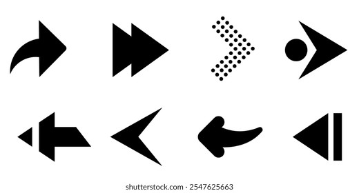 Colección de iconos de flecha negra en diferentes estilos. Diseño de Vector sobre un fondo blanco