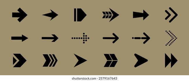 A collection of black arrow icons on a brown background. Various arrow designs include straight, curved, and dotted styles, all pointing in different directions. Isolated illustrations, vector set.