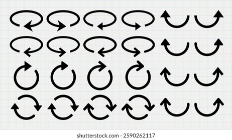 Collection of black arrow icons on a grid. Various arrow directions and styles. Simple arrow graphics for design. Arrow symbols for navigation. Element vector set.