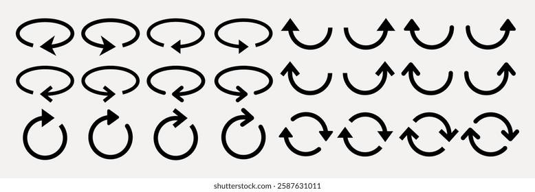 Collection of black arrow icons showing rotation and direction. Arrows in circular motion, pointing up and down. Rotating arrows in various directions. Element vector set.