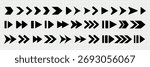 A collection of black arrow icons in various styles and directions, displayed in rows on a grid background. Arrows vary in shape and size, offering diverse options. Element vector set.