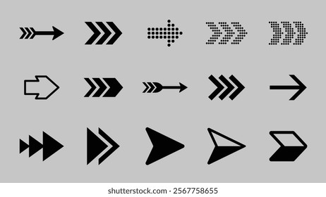 Collection of black arrow icons in various styles and directions for design projects needing directional symbols. Collection of black arrow icons and symbols. Various of simple black arrows icons