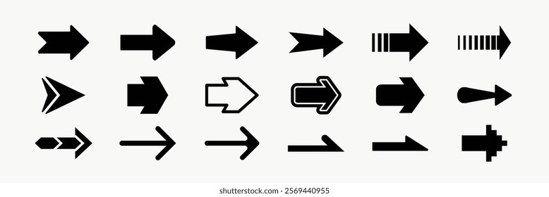 Collection of black arrow icons in various styles and directions for design projects needing directional symbols. Collection of black arrow icons and symbols. Various of simple black arrows icons