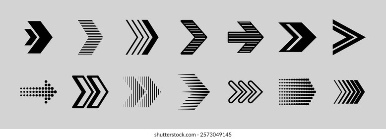 Collection of black arrow icons in various styles and directions for design projects needing directional symbols. Collection of black arrow icons and symbols. Various of simple black arrows icons
