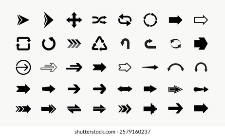 Collection of black arrow icons in various styles and directions for design projects needing directional symbols. Collection of black arrow icons and symbols. Various of simple black arrows icons