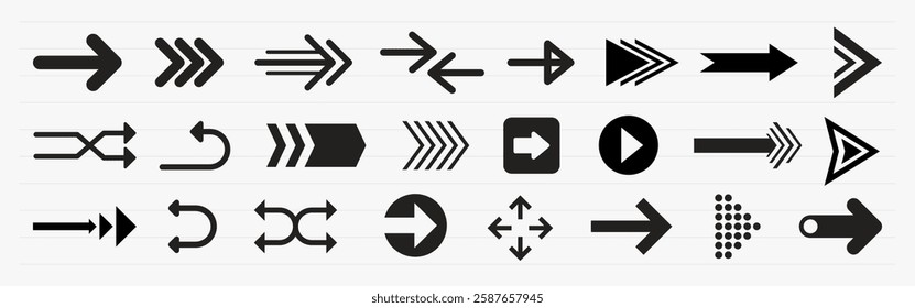 Collection of black arrow icons in various styles, including curved, straight, and directional arrows. Diverse arrow designs for navigation and direction. Element vector set.