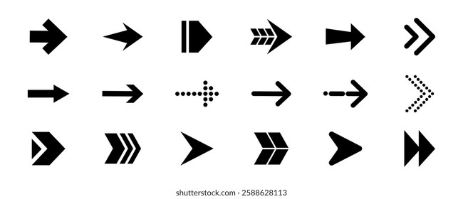 A collection of black arrow icons in various styles and directions, including straight, curved, and dotted arrows, arranged in a grid pattern. Isolated illustrations, element vector set.