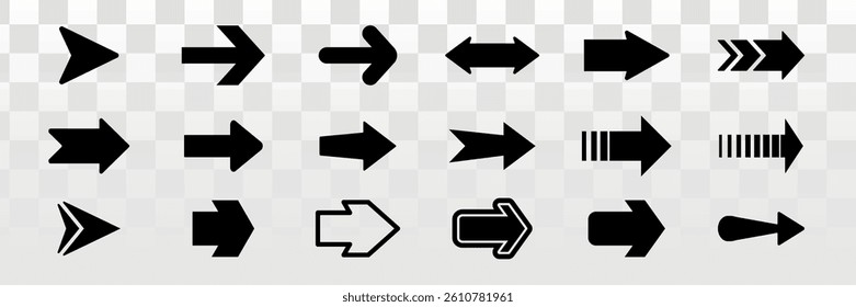 Collection of black arrow icons in various styles and directions. Arrows pointing left, right, up, and down. Simple arrow designs for navigation and direction. Arrow icon vector set.