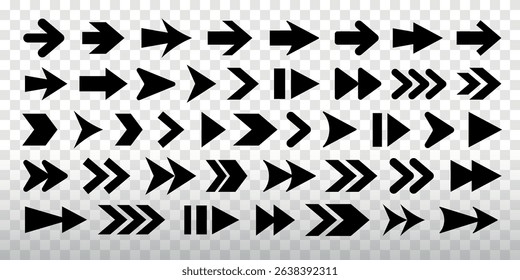 A collection of black arrow icons in various styles. Designs include thick, thin, and double arrows. Arrows point in different directions. Arrow icons,  element vector set.