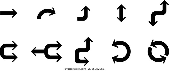 Collection of black arrow icons with various directions and shapes symbol sign