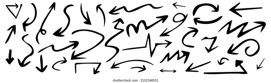 Collection black arrow on white background. Hand drawn set of arrows. Vector illustration.