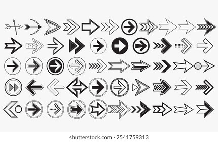 Collection of black arrow signs and direction pointers in different styles. Set of many different arrow icon. Vector illustration isolated on white background.