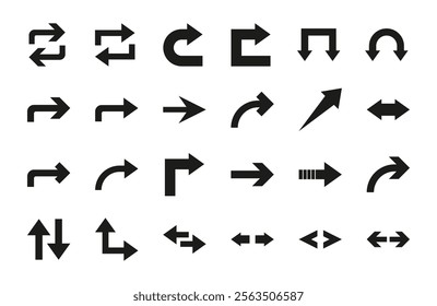 Collection of black arrow signs and direction pointers in different styles. Mega set of vector arrows.Black arrows icons.Set different cursor arrow direction symbols in flat style.Vector illustration.