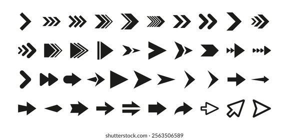 Collection of black arrow signs and direction pointers in different styles. Mega set of vector arrows.Black arrows icons.Set different cursor arrow direction symbols in flat style.Vector illustration.