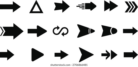 Coleção de ícones de vetor de seta preta apontando em várias direções. Elementos de design simples, moderno e minimalista para projetos de design gráfico e web.