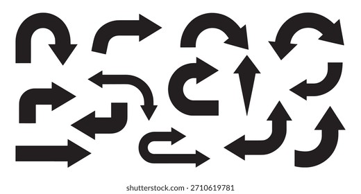 Colección de iconos de vector de flecha negra. Varias flechas direccionales que apuntan hacia arriba, hacia abajo, hacia la izquierda, hacia la derecha y en direcciones curvas sobre un fondo blanco.