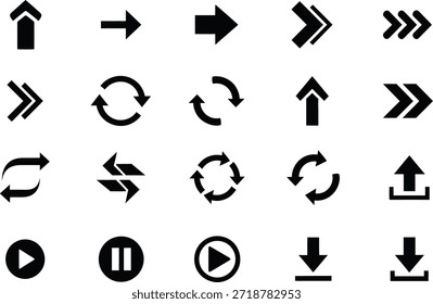 Colección de iconos vectoriales de flecha negra para navegación, dirección y diseño, incluidos los símbolos de reproducción, pausa y Descarga.