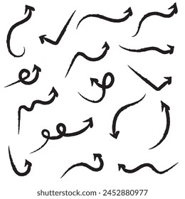 A collection of black arrows in brush stroke style on a white background.