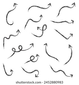 A collection of black arrows in brush stroke style on a white background.