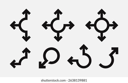Collection of black arrows with different direction, different shape and size. Design with roundabout and crossroads arrows. Vector illustration 