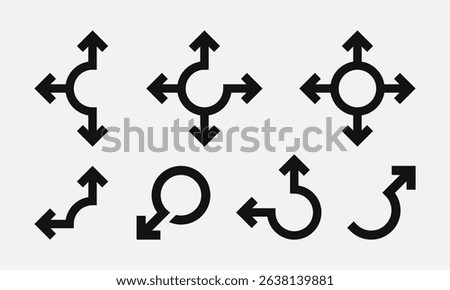 Collection of black arrows with different direction, different shape and size. Design with roundabout and crossroads arrows. Vector illustration 