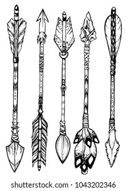 Collection of black arrows. Ethnic pattern, Indians. Hand drawing, sketch