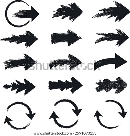 A collection of black arrows featuring brushstroke designs, symbolizing motion and direction with a bold and artistic touch.