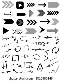 Collection of black arrows isolated on white background. Simple, modern, grunge, sketch style. Use for scrapbooking, decoration, advertising, web, posters etc. Vector illustration
